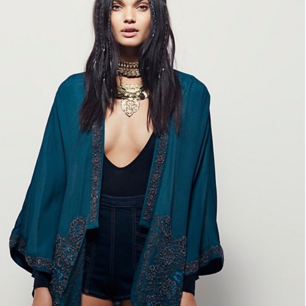 Free People Teal Embroidered Blazer